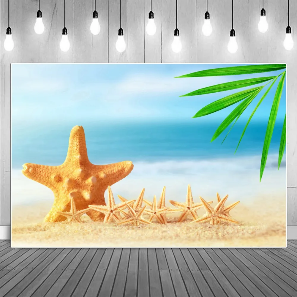 Beach Seastars Close Shot Birthday Decoration Photography Backdrops Summer Blue Ocean Seaside Tropical Leaves Party Backgrounds