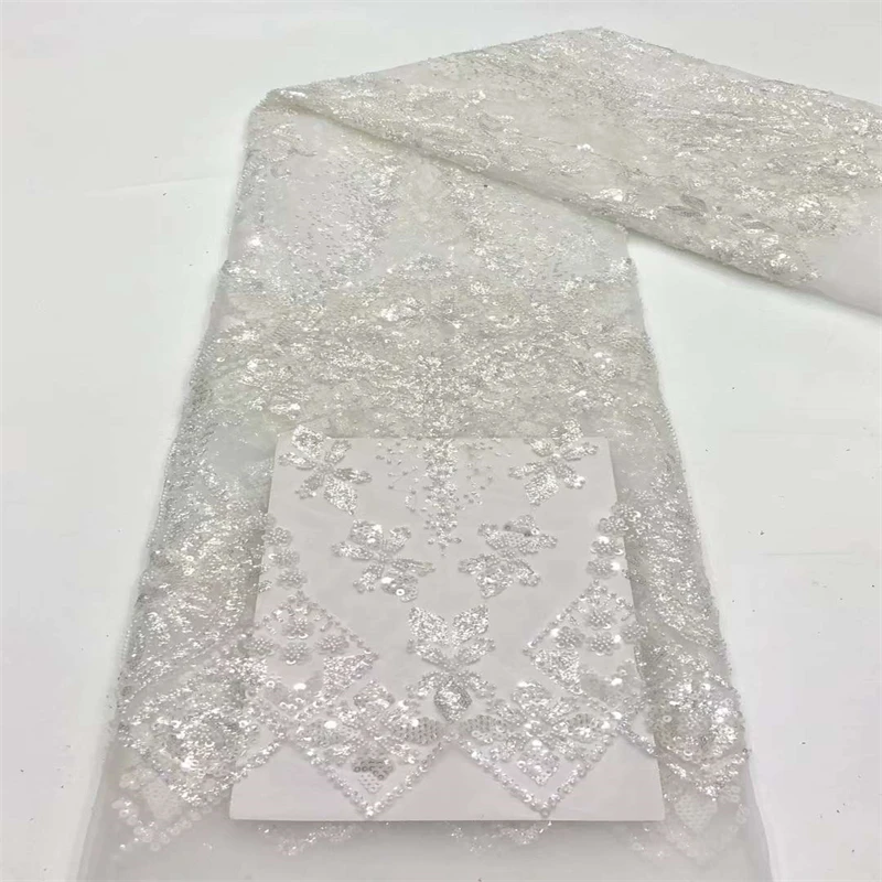 

2022 Latest African Sequins Beaded Lace Fabric 2022 High Quality French Mesh Lace Fabric For Wedding Dress XB-250