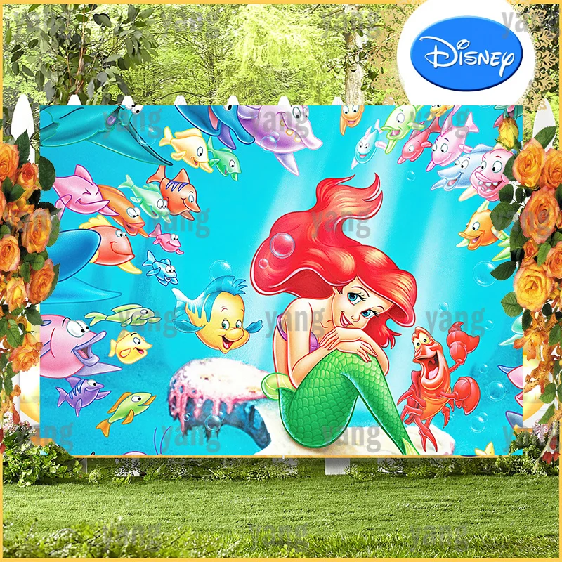 The Little Mermaid Red Hair Princess Disney Background Undersea Fish Girls Birthday Party Backdrop Banner Baby Shower Customize