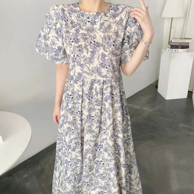 

Summer Korean Loose Floral Printed Long Dress Fashion Vintage Party Dresses with Pockets Chic Short Sleeve Ruffle Dress 27302