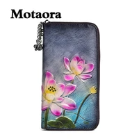 motaora chinese style long wallets for womens casual vintage genuine leather floral pattern be different handbag large capacity