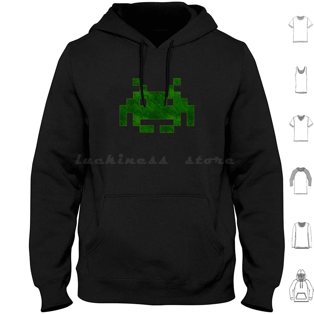 Geek Space Invaders Green Hoodie cotton Long Sleeve Geek Video Games Games Gaming Game Video Videos Space Spaces