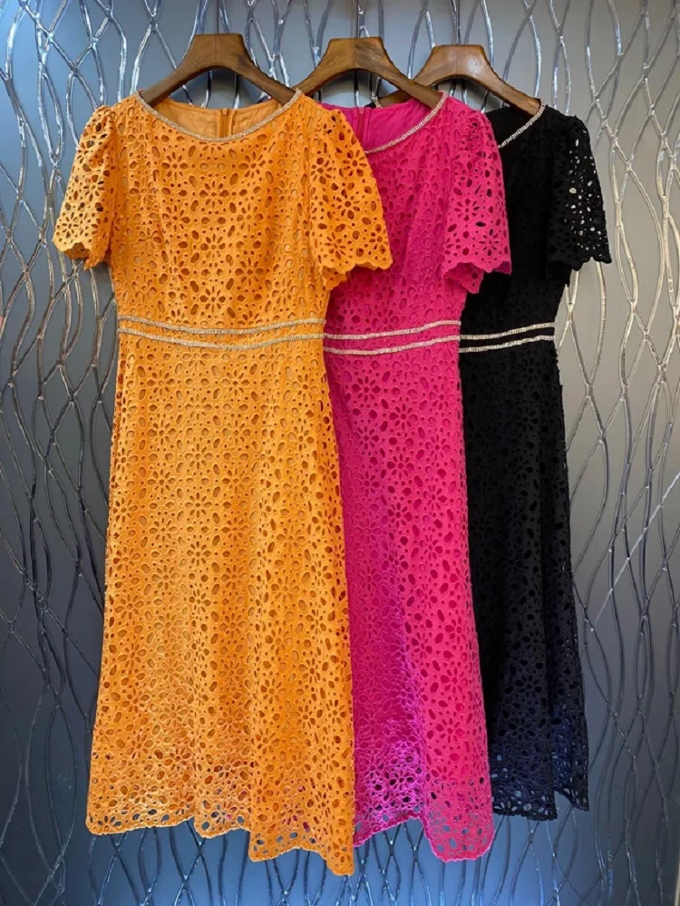 

100%Cotton Dress 2023 Summer Style Women Allover Hollow Out Embroidery Crystal Beading Deco Short Sleeve Orange Pink Black Dress