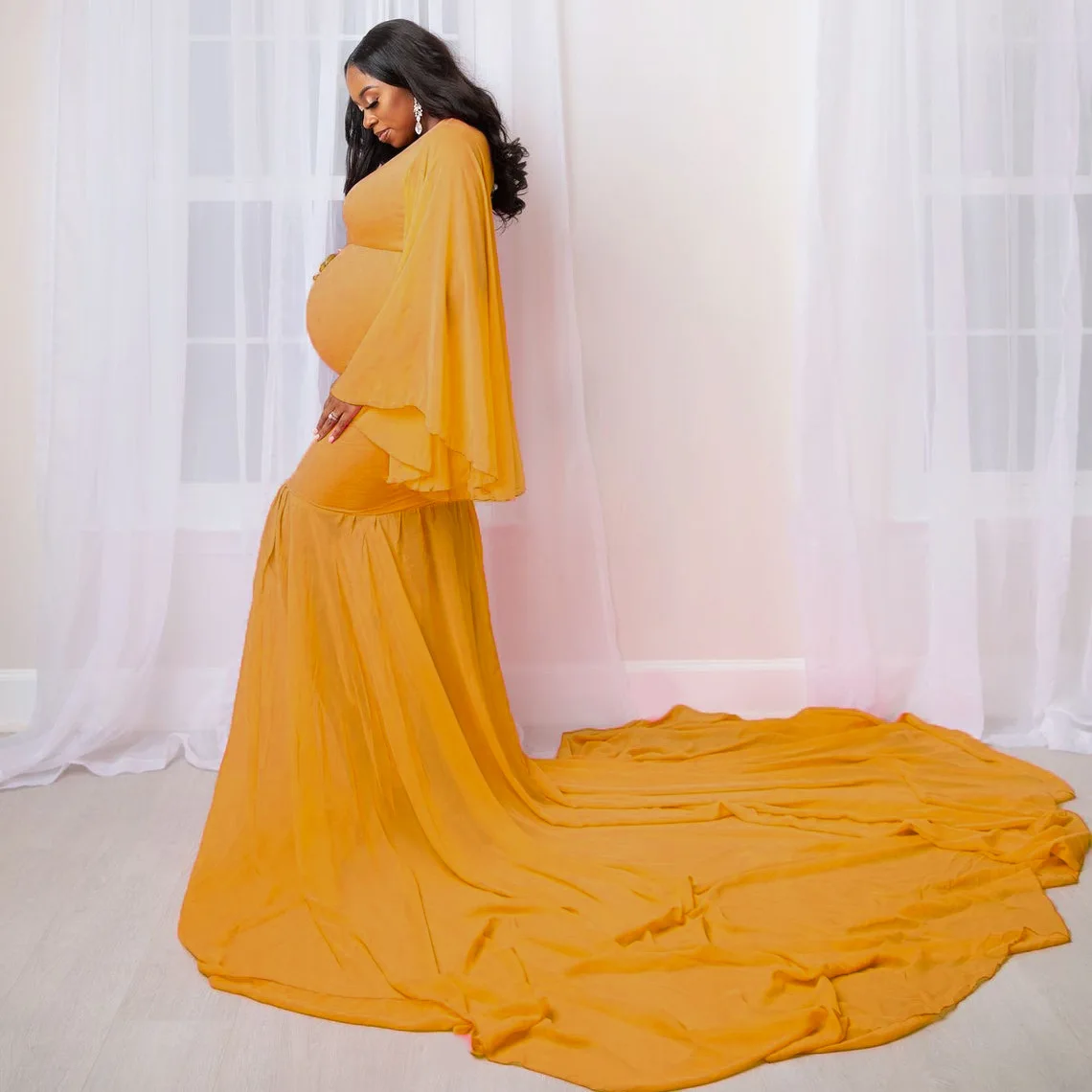 Sexy Maternity Dresses Photo Shoot Ruffle V-Neck Pregnancy Maxi Gown Photography Props Mermaid Tail Long Pregnant Women Dress enlarge