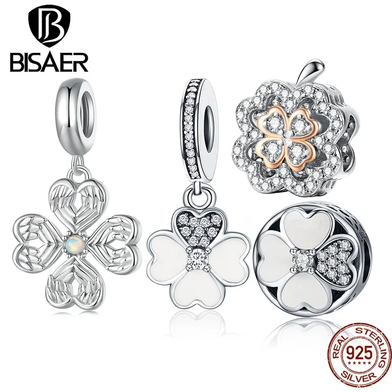 

BISAER 925 Sterling Silver Clover Grass Charm Beads Safety Chain Pendant Plated Platinum Fit Lucky Women Bracelet Fine Jewelry