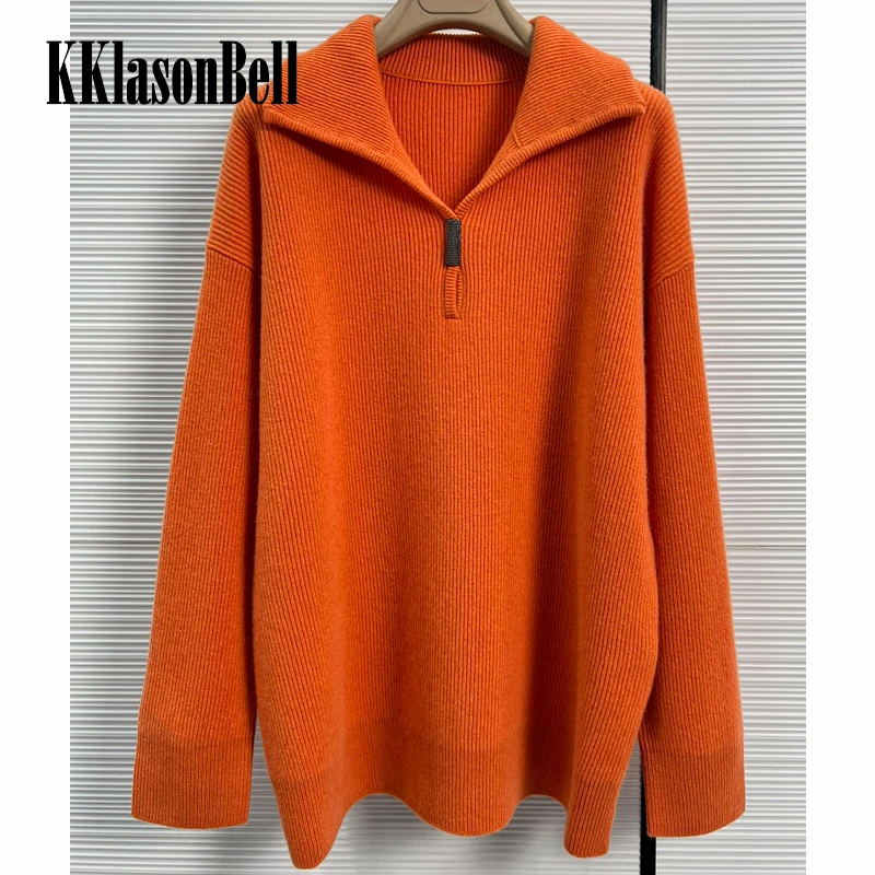 

10.17 KKlasonBell Bead Chain Zipper Turn Down Collar Solid Color 100% Cashmere Knitted Pullover Sweater Women