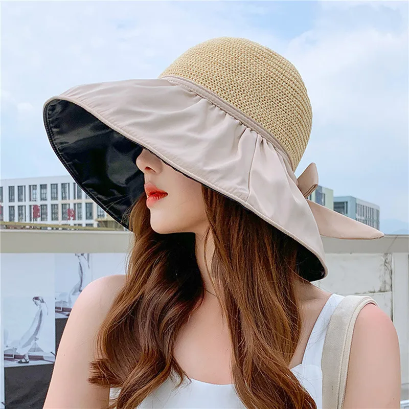 

Foldable Bow Big Brim Bucket Hat Women Knit Dome Anti UV Sunscreen Sun Hats Outdoor Beach Caps Travel Panama Cap Summer