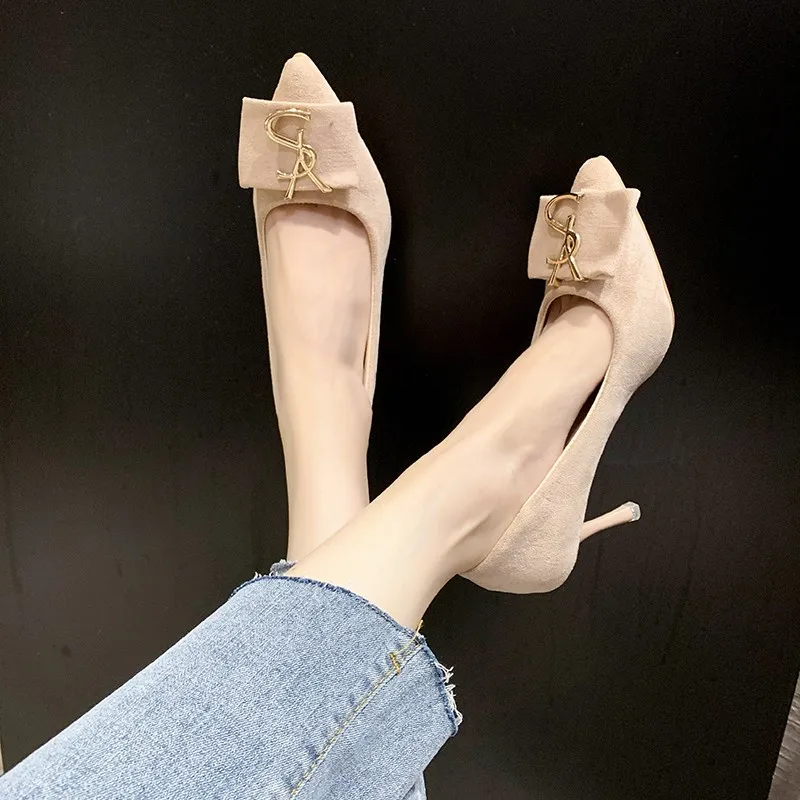 

Женские туфли на высоком каблуке, новинка весны 2023, красные, черные рабочие туфли с алфавитом, женские туфли на шпильке с острым носком