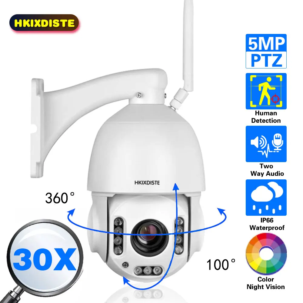 

HKIXDISTE 30X Zoom PTZ WiFi IP Camera 5MP Outdoor Speed Dome Camera Full Color Night Vision Auto Focus Two-Way Audio Waterproof