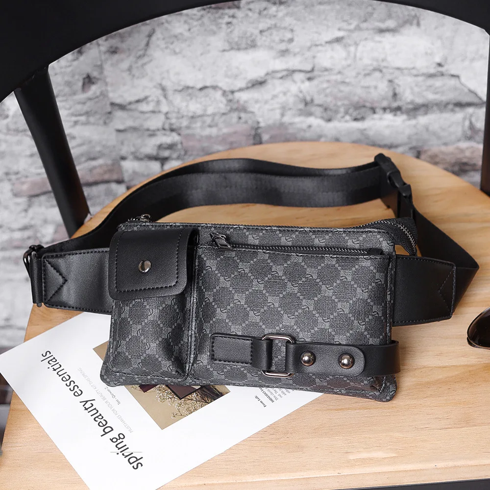 Luxury Brand Waist Bag for Men Fashion Casual Plaid Leather Chest Pack Daily Travel Male Small Zipper Sling Bag Phone Clutches