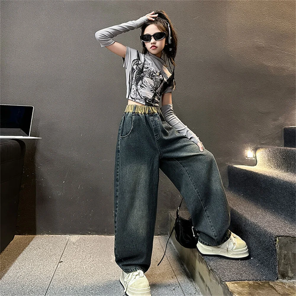 2431 корейские модные джинсы с изогнутыми ножками для девочек детские широкие