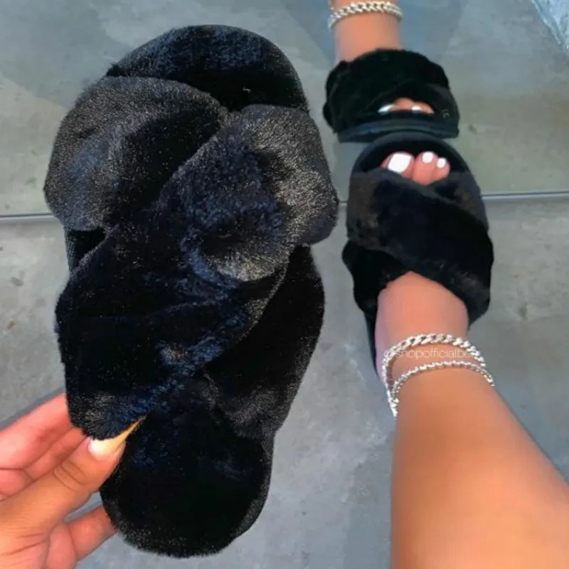 

Furry Women Cross Slippers Large Size 42 43 Female Shoes Winter Short Plush Flat with Faux Fur Wear-resistant Ladies Slides
