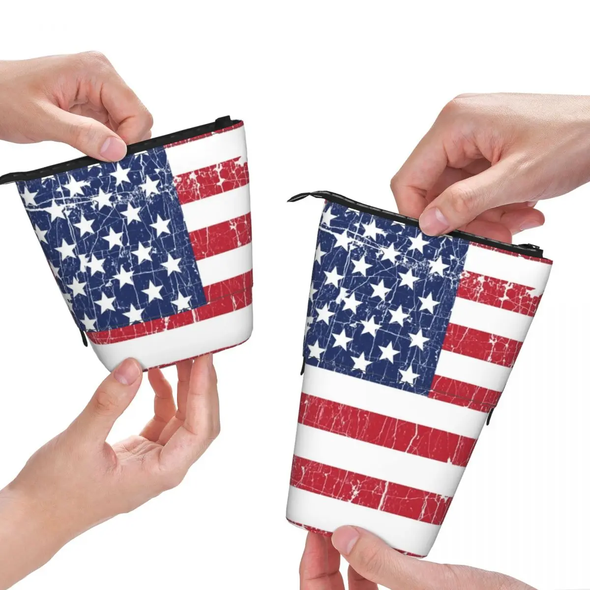 

American Flag Red Fold Pencil Case USA 4th of July Vintage Star Elementary School Teens Standing Pencil Box Fashion Pen Bags