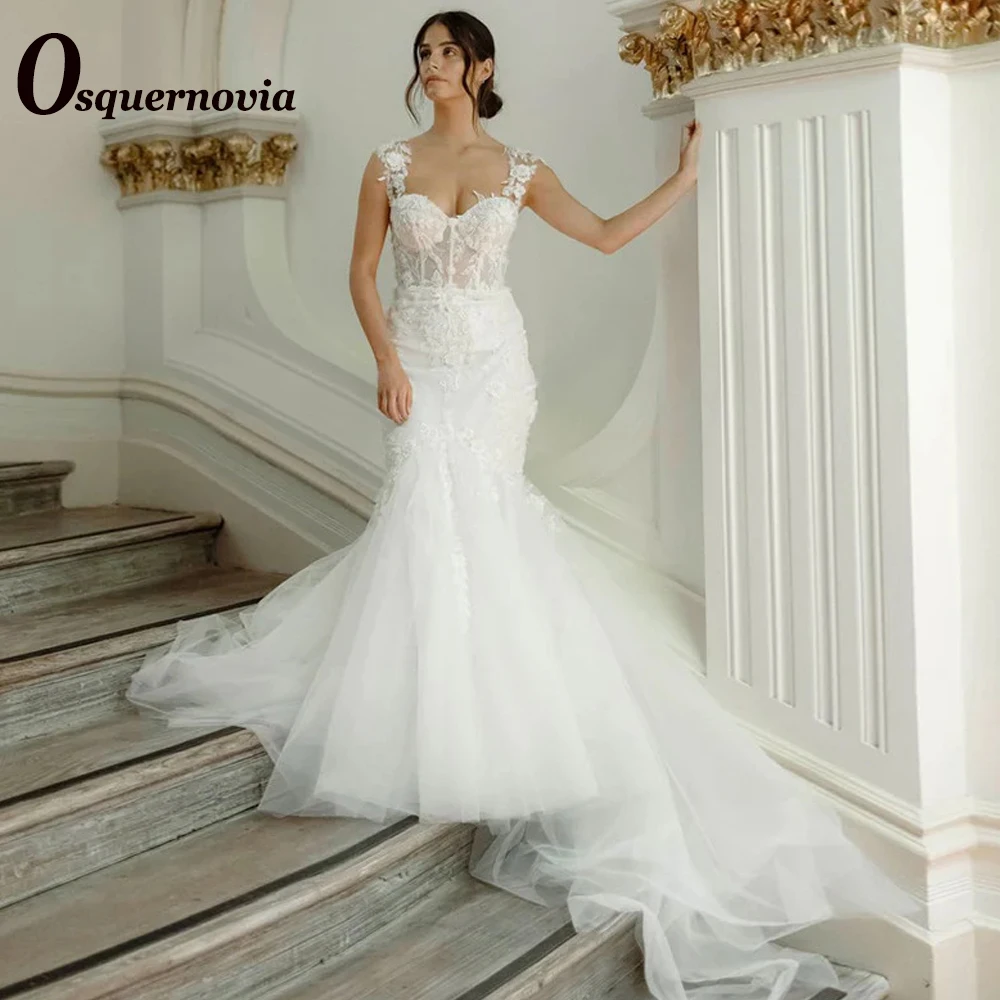 

Osquernovia Trumpet Illusion Wedding Dresses 2023 Tank Exquisite Appliques Sleeveless Court Train свадебное платье Customer Made
