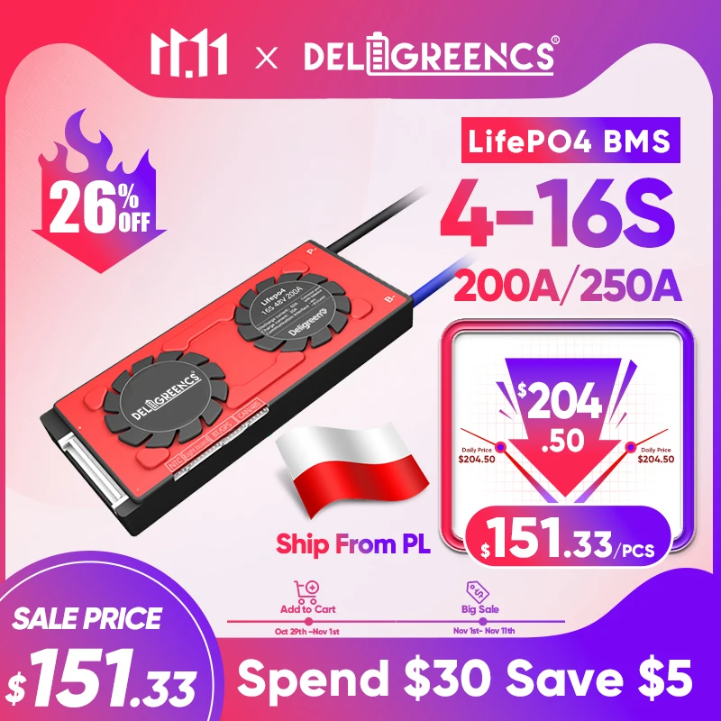 

11.11 Smart BMS 4S 200A 250 LifePO4 BMS With Bluetooth APP UART for 12V Lithium Battery Pack Power Storage Solar Poland Shipping