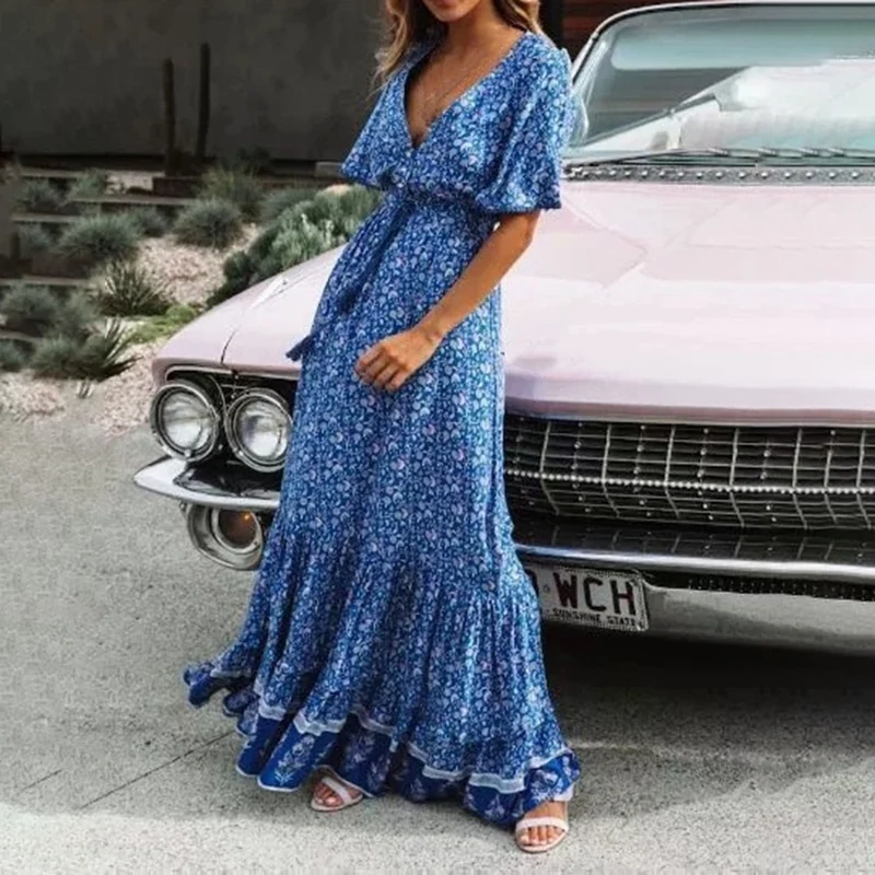 

Boho Maxi Dress Women Summer Floral Print Short Sleeve V Neck High Waist Dress Tassel Tied Retro Cottagecore Beach Long Dresses