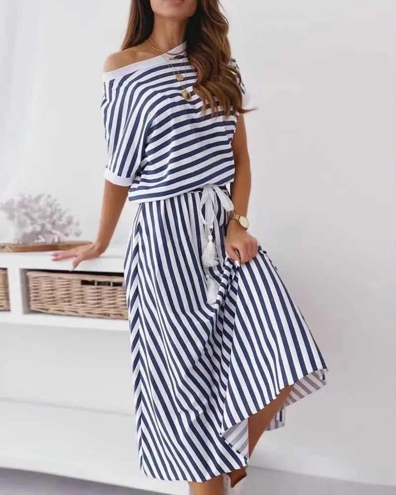 

Женский костюм из 2 предметов, футболка с коротким рукавом и принтом в полоску, повседневный топ и юбка, длинная юбка на шнуровке, модная повс...