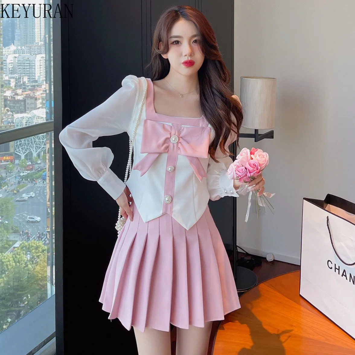 

2022 Spring Set Woman 2 Pieces Chic Suit Bow Korean Ruff Long Sleeve Tops + Pleated Short Skirt Two Piece Sets Womens Outifits