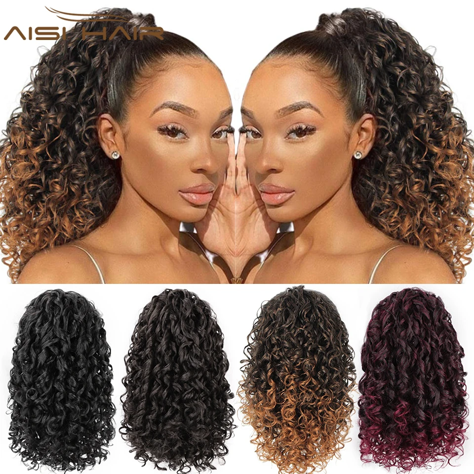 

AISI HAIR Synthetic Curly Ponytail for Black Women Drawstring Ponytail Hair Extensions Black Mix Brown Pony tail with 2 Clips in