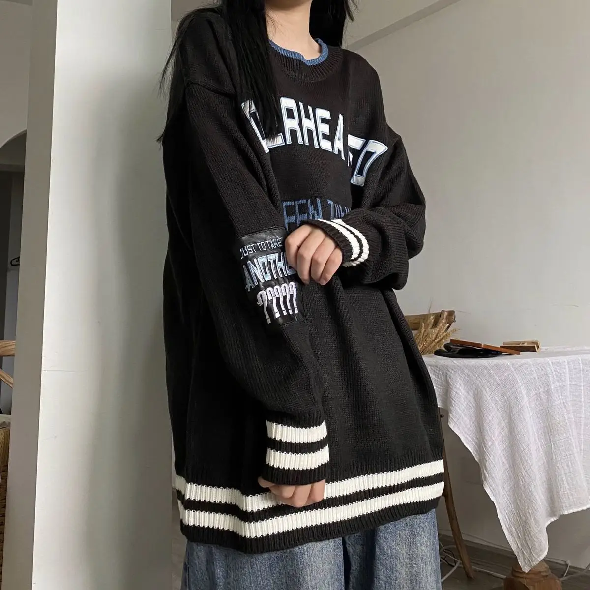 

Уличная одежда Deeptown в стиле Харадзюку, черный свитер, Женский вязаный джемпер оверсайз в Корейском стиле кпоп, Женский пуловер, топ на осень-...