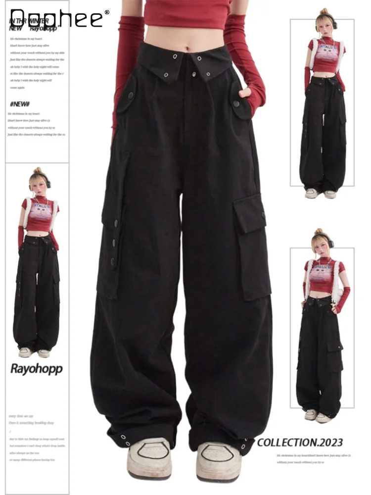 Japanese Style Overalls Black Pants Femininas 2023 Spring New Casual Boyfriend Women's Multi-Pocket Breasted Straight Trousers