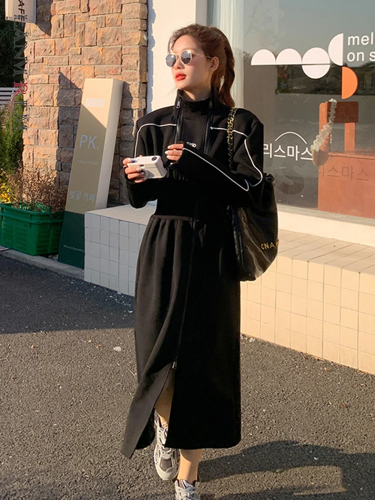 

LANMREM Letter Embroidery Dress For Women Stand Collar Zipper Long Sleeve High Waist Dresses Female Clothing 2023 Summer 2YA219