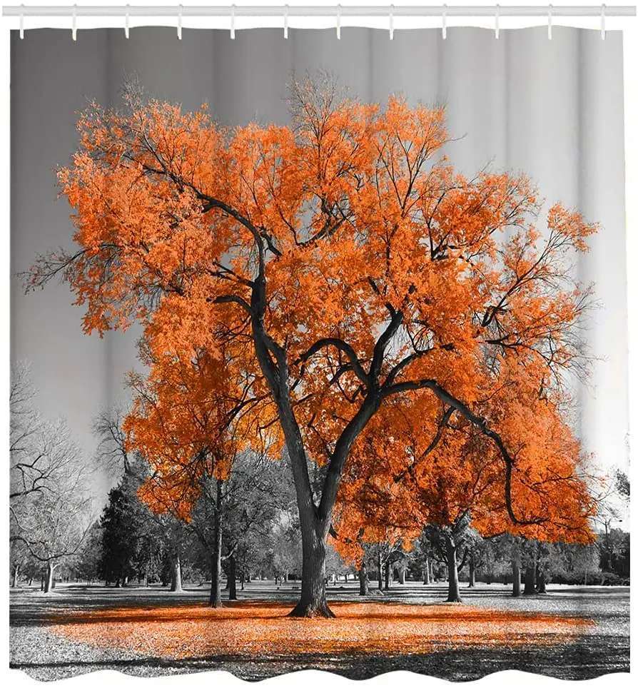 Занавеска для душа с изображением лесного дерева черно-белая Осенняя занавеска