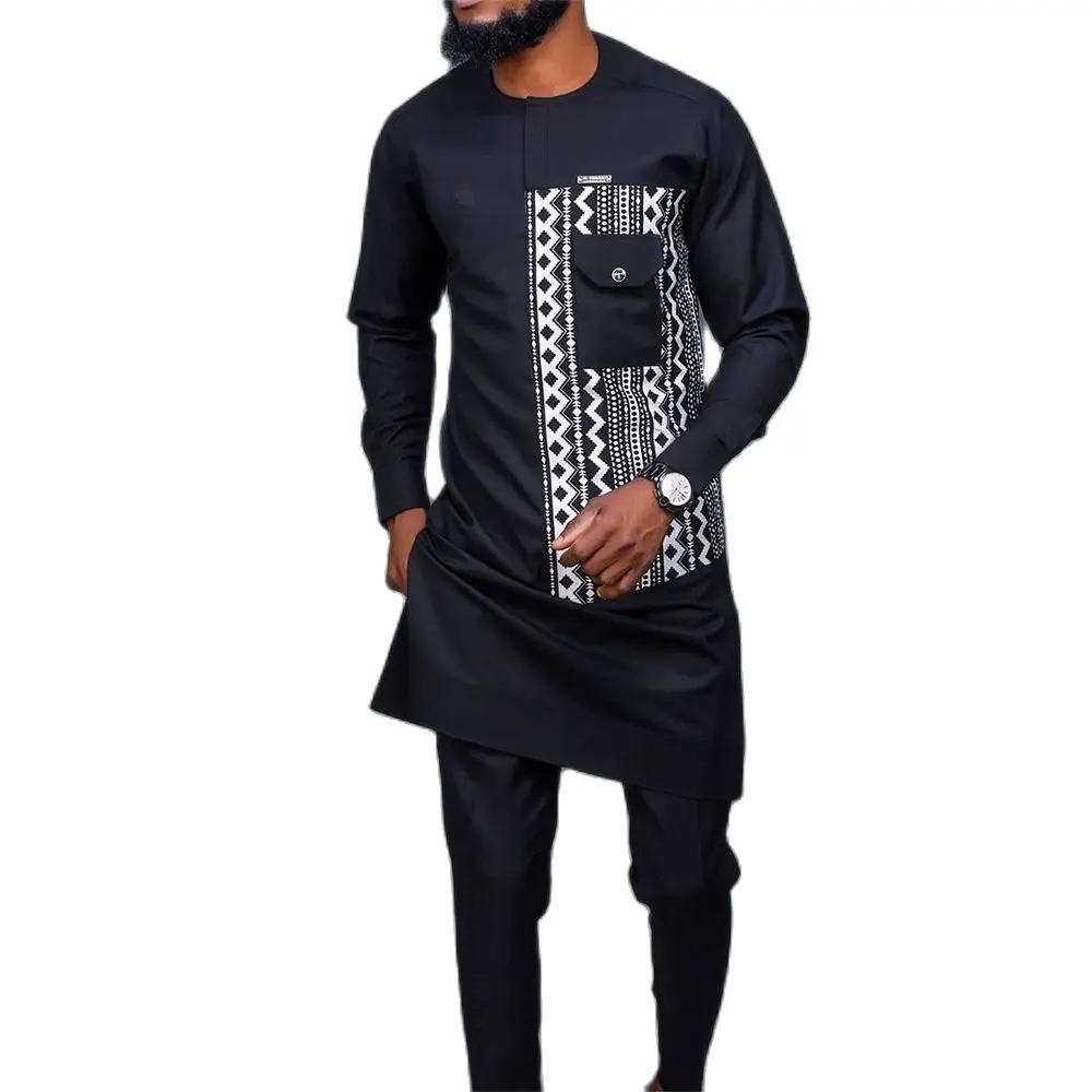 

Mens Party African 2 Piece Set Black Patchwork Dashiki Shirt Tops and Pants Outfit Traditional Suit Streetwear African Clothes