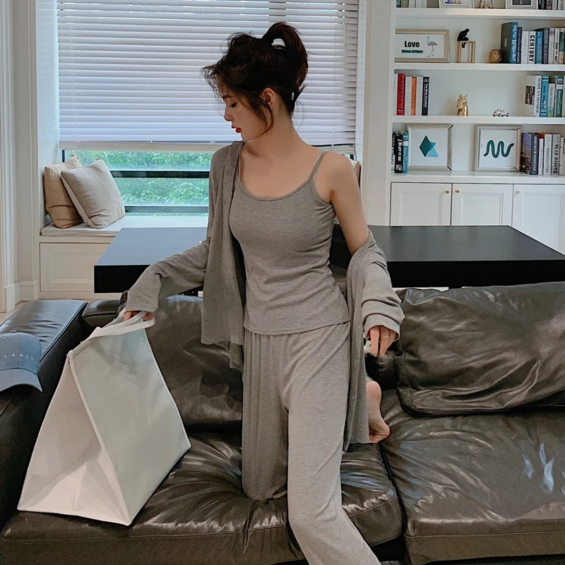 Women Pajamas Three Piece Set Camisole Cardigan Spring New 2022 Solid Simple Homewear Comfortable Casual Sleepwear Suit