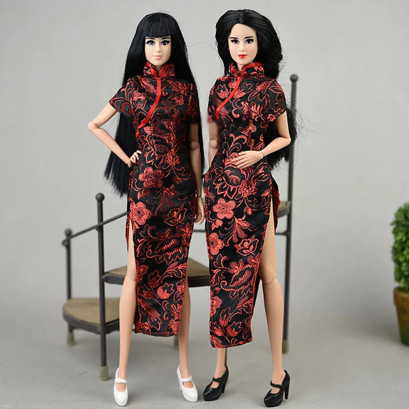 

1/6 Red Black Floral Dress For Barbie Doll Clothes Gown Chinese Traditional Qipao Cheongsam Vestidoes 11.5" Dolls Accessories