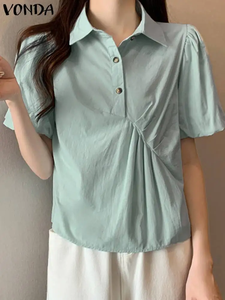 

Women Shirts Blouses 2023 VONDA Summer Fashion Casual Short Sleeve Lapel Solid Color Tops Elegant Buttons Pleated Blusas Femme