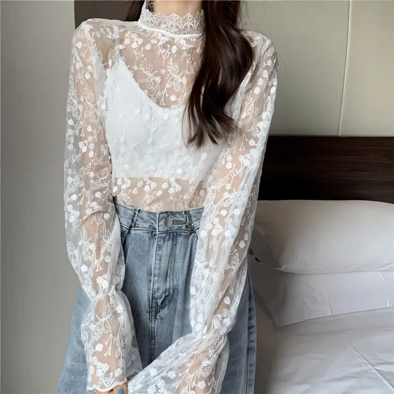 Sun Protection Super ImmortalInside  Lace Jumpers Long Sleeves Mesh Undershirt New Half-turtleneck Foreign Gas Small Shirt