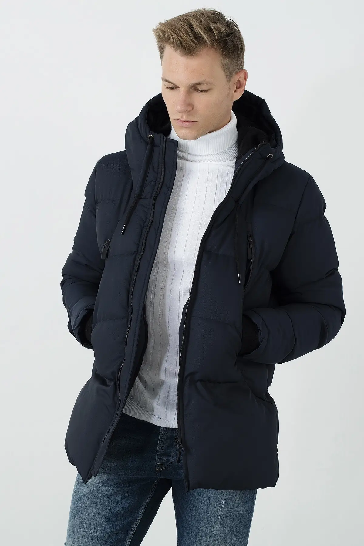 Zipper Closure Slim Fit Hooded Stand Up Collar Men's Jacket 5717101