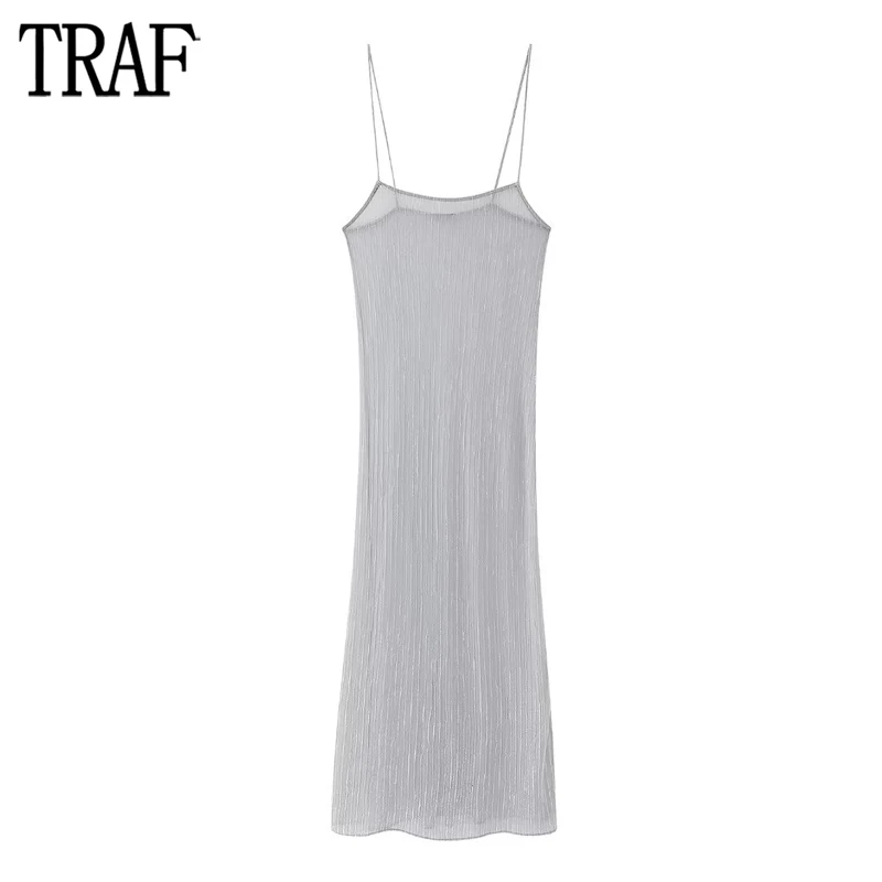 

TRAF Pleated Long Dress Women See Through Slip Dress Woman Summer Backless Maxi Dresses for Women Thin Straps Beach Female Dress