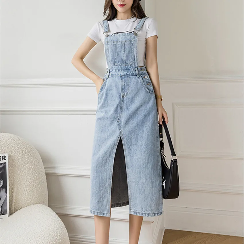 

Джинсовое платье без рукавов, с высоким разрезом, на бретелях