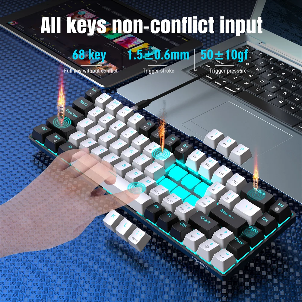

Механическая игровая клавиатура V800, компактная Проводная клавиатура с 68 клавишами, со светодиодной синей подсветкой, для ноутбуков и ПК