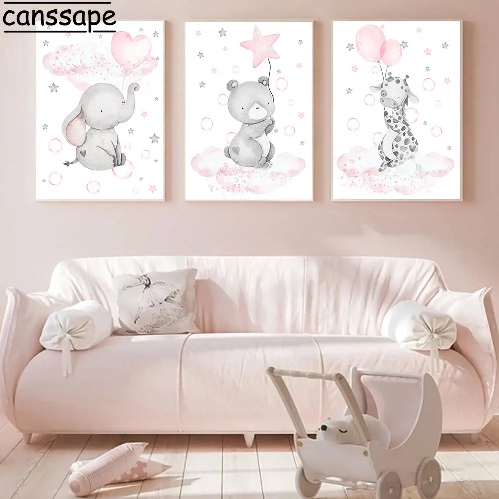 

Balloon Bear Elephant Giraffe Canvas Painting Pink Cloud Print Nursery Wall Art Poster Nordic Posters And Prints Baby Room Decor