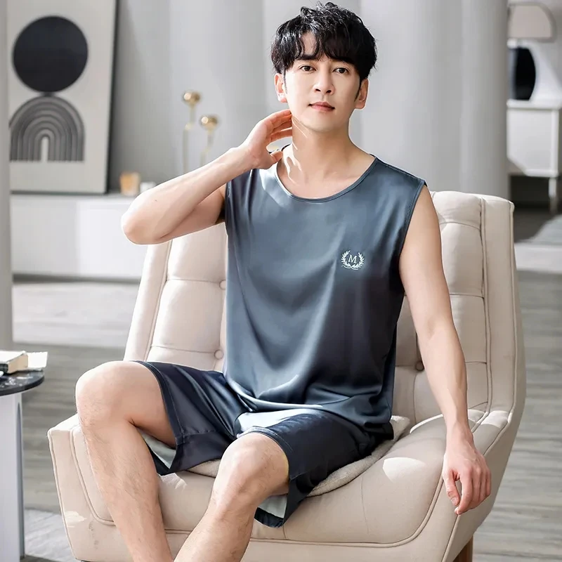 

Mens Pajamas Summer Sleeveless Sleepwear 2 Pieces Vest Home Clothes 4XL Male Nightgown Cool Homewear For Young Boys Casual Suits