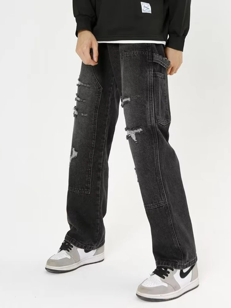 American Street Clothing Retro Trend Y2K MEN Jeans Casual Pants Loose Solid Color Casual Jeans Ripped Jeans Pants Men Denim