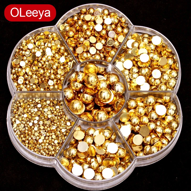 

Hot sale ! 2480pcs Gold Mixed Size With Box Packing 2mm~8mm Imitation Half Round Pearls Flatback For Nail Art Decorations F0333