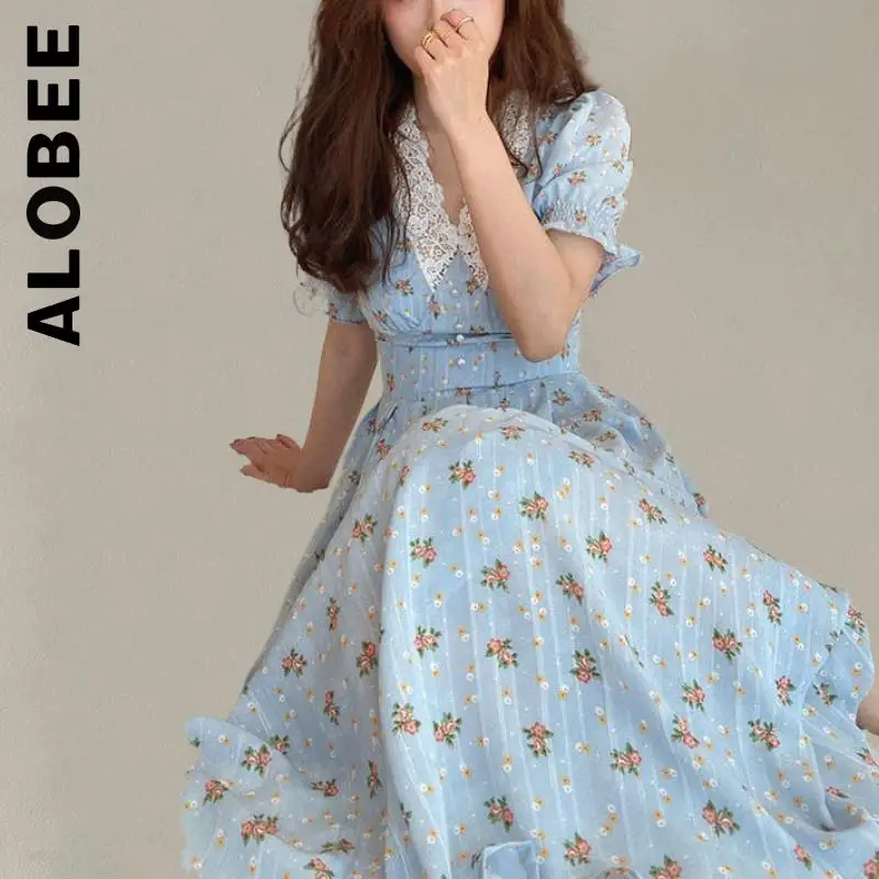 

Alobee Dress New Women Puff Sleeve V Neck Floral Dress Vocation Style Robe Basic Simple Female Vestidos Dress Woman