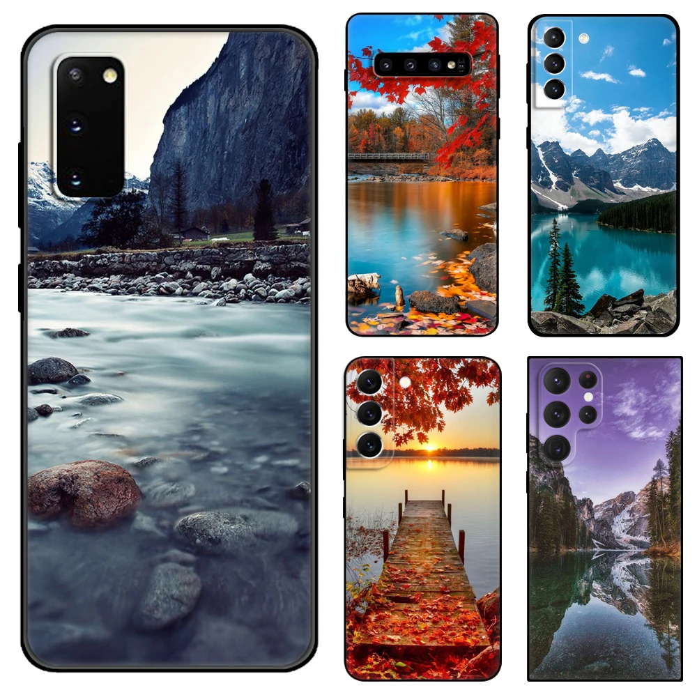 

Black tpu Case mountain landscape For Samsung galaxy S22 S20 S21 FE PLUS ultra+S10 E lite back cover
