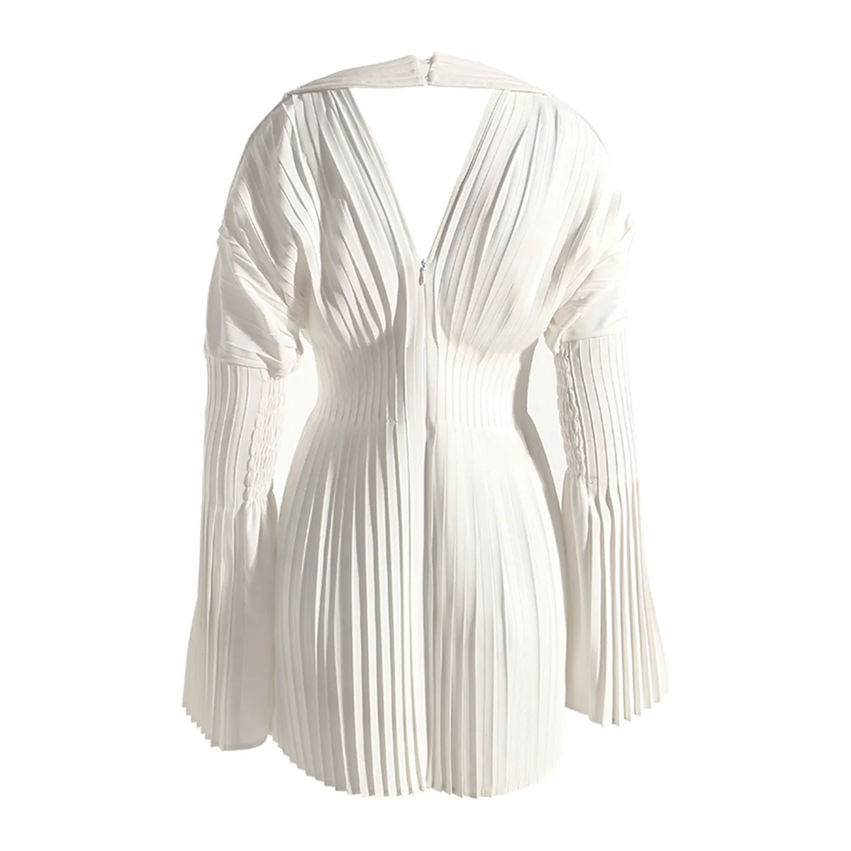 SuperAen Spring Summer 2023 New Off-the-shoulder High Waist Pressed Pleated Long-sleeved Chiffon Openwork Dress