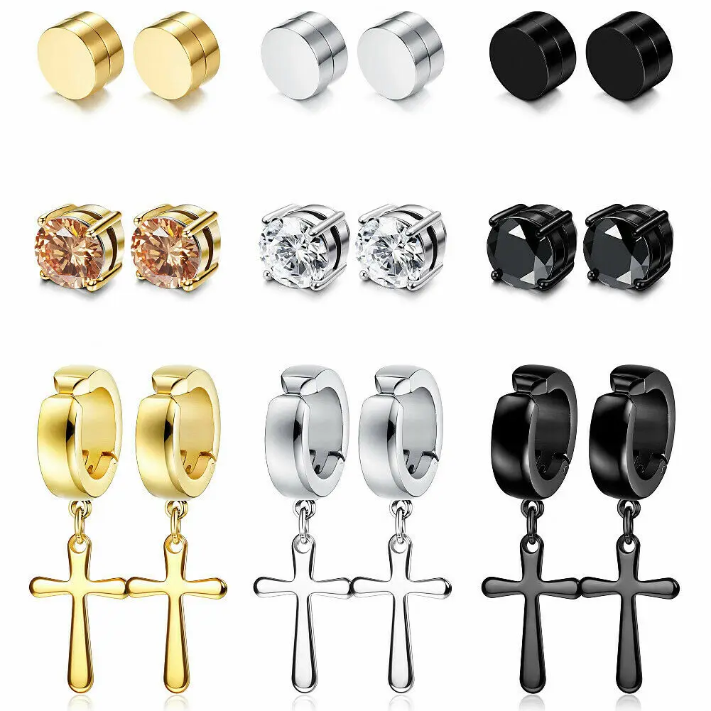 

3/9 Pairs Stainless Steel Cross Hoop Stud Earrings for Men Women Non Piercing Fake Magnet Stud Earrings Jewelry