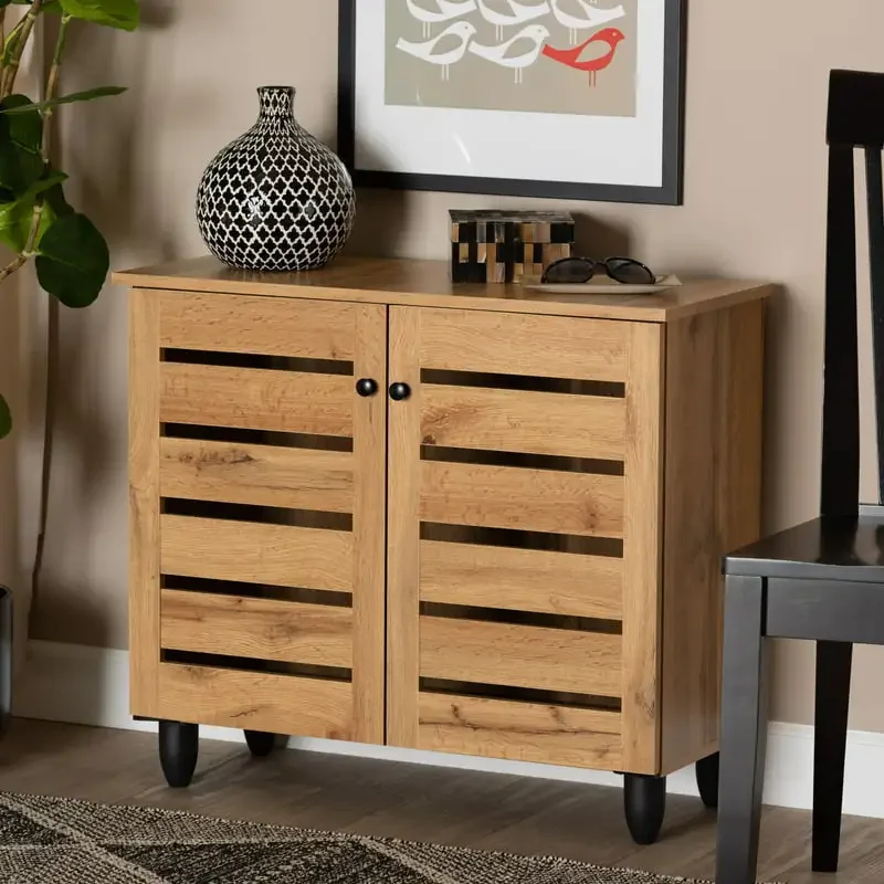 

Gisela Modern and Contemporary Oak Brown Finished Wood 2-Door Shoe Storage Cabinet Shoe Shelf Living Room Furniture