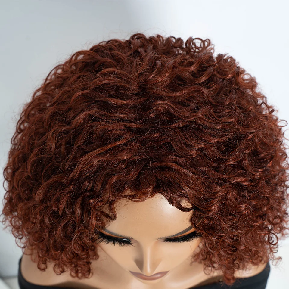 Фото Кудрявые парики красноватого оттенка # Парик 33A Jerry Curly Bob, предварительно осветленный, с кружевной основой, короткая стрижка пикси, матовый голубой, из натуральных волос, распродажа №4