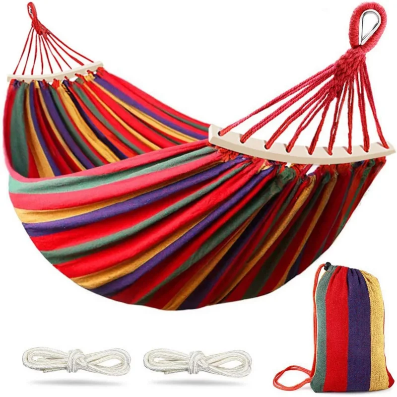 

Double Hammock 2 People Canvas Cotton Hammock with Carrying Bag Travel, Rainbow Stripes outdoor furniture camping equipment