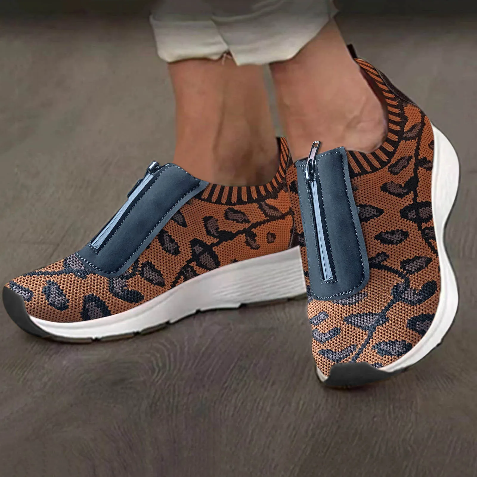 

Женские сетчатые кроссовки Fresh Foam, Повседневные Дышащие спереди кроссовки на молнии, плоская подошва, с леопардовым принтом