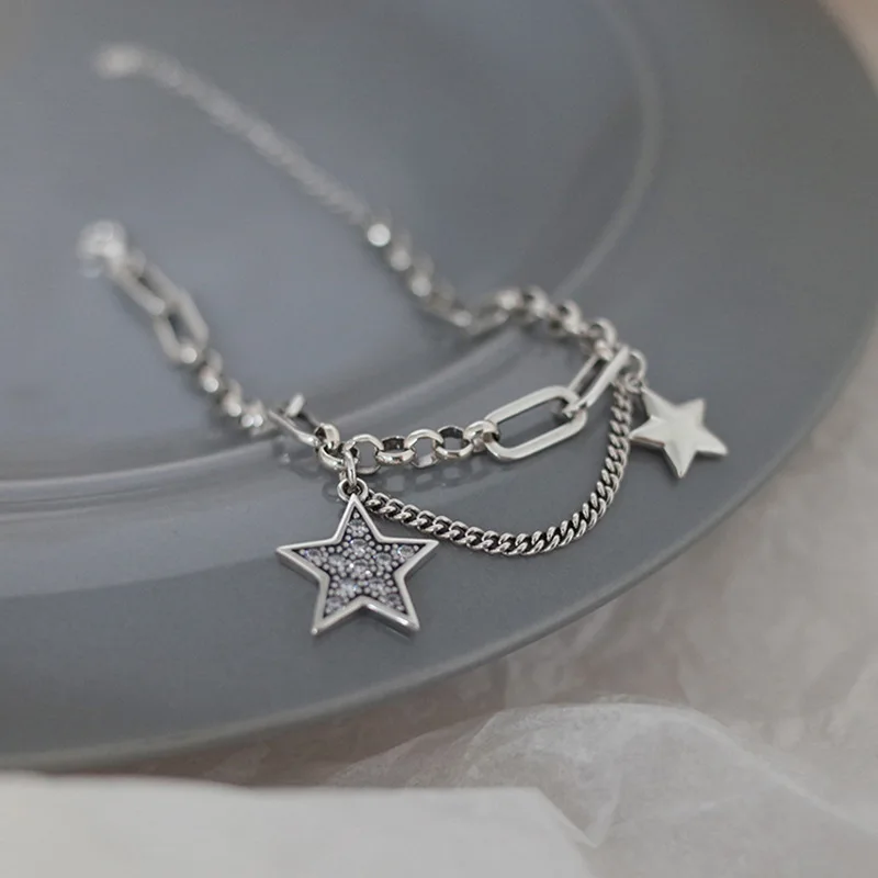 

2023 New Fashion Layered Star Bracelet Charm with Zircon for Women - Grunge Pentagram Silver Color Chain Bracelets Y2k Jewelry