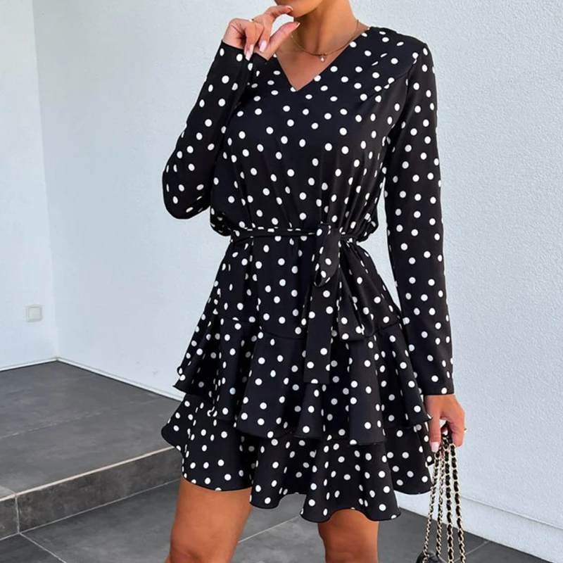 

Fashion Tie-up High Waist Pleated Mini Dress Women Autumn Long Sleeve V Neck Beach Dresses Ladies Retro Dot Print Dress Coverups